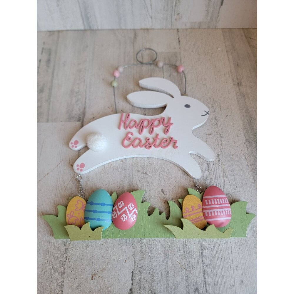 Wooden hanging‎ happy Easter white bunny egg grass Spring home decor